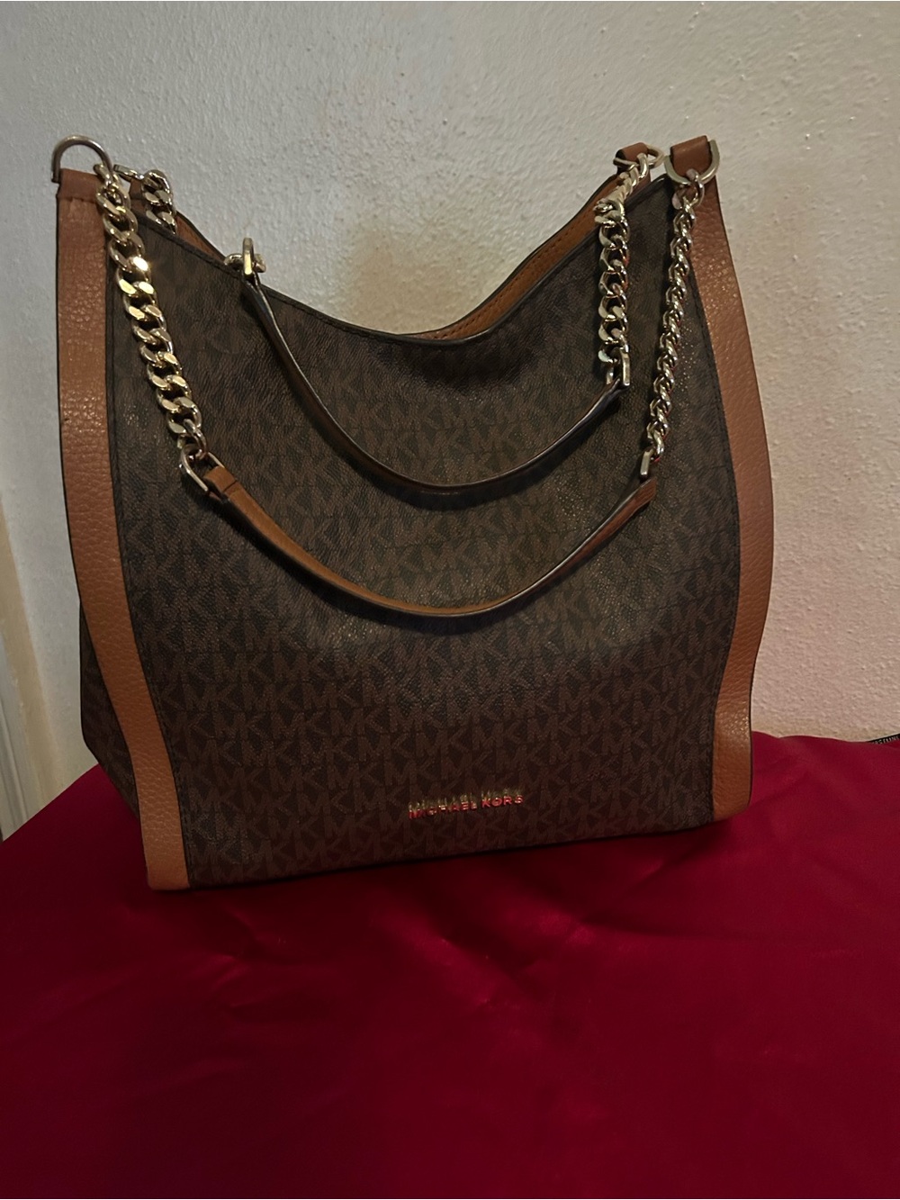 Michael Kors Brown Logo Shoulder Bag with Tan Trim and Gold Chain